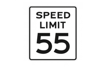 Speed limit 55 regulatory sign for road safety and traffic control, indicating maximum legal speed for vehicles, on transparent background