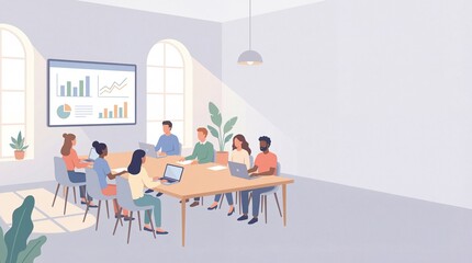 Diverse business team collaborating in a modern meeting room with data presentation on screen