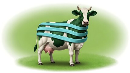 Cow Wrapped in Duct Tape Standing on Green Background.