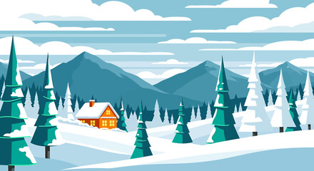 A cartoon vector illustration of a cold winter mountain landscape featuring a cozy village house and snowy trees under a night sky for a Christmas holiday scene