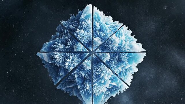 Intricate ice shards fracture and reform in a dark, crystalline void, showcasing a dynamic abstract formation.