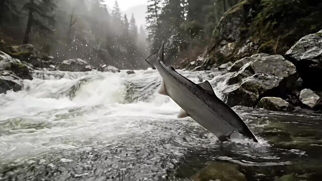 A powerful, silver-scaled fish dramatically leaps from the turbulent, frothing white water rapids of a pristine, wild river. Its muscular body arcs gracefully through the air, creating a dynamic splas