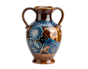 A ceramic vase, brown base with blue floral patterns, accented with gold. Featuring two handles and intricate detailing