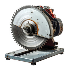 Close-up view of a well-worn abrasive chop saw with a large circular blade against a black background.