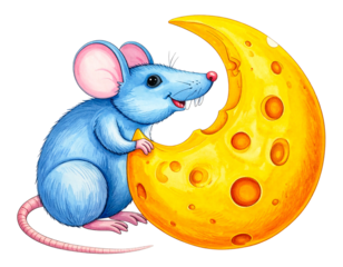 A cartoon mouse smiles, holding a large, crescent-shaped cheese with holes. It has blue fur and a pink tail