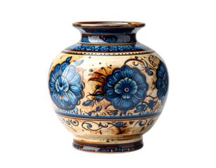 A ceramic vase features a cream base with intricate blue floral patterns and brown accents, isolated against a black background