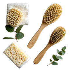 A selection of natural body care tools and botanical elements set against a black background.