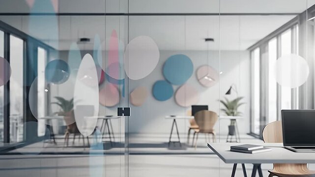 A pristine, modern office interior bathed in abundant natural light, viewed through contemporary glass partitions. The foreground features an empty desk with a generic laptop and notepad, while the bl