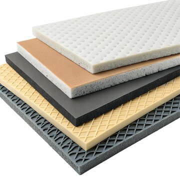 Diverse foam materials showcasing texture and density for insulation, construction, and product design applications with focus on acoustic and thermal properties