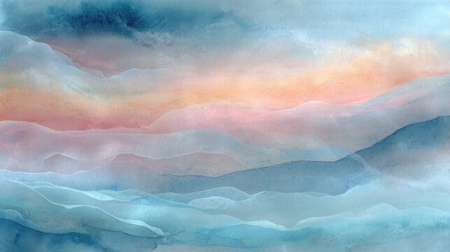 A painting of a sky with a blue and pink sunset. The sky is filled with watercolor brush strokes, creating a sense of movement and depth. The colors of the sunset are warm and inviting