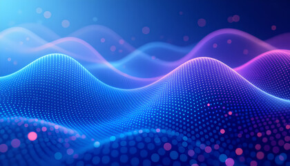 Abstract Blue Digital Wave of Particles and Dots with Bokeh Light Background.