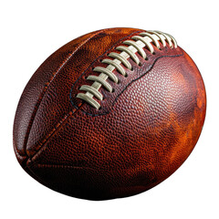 A close-up, detailed shot of a vintage leather American football against a stark black background.
