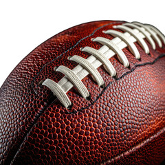A dramatic close-up macro shot of the laces and pebbled texture of a brown American football against a dark background.