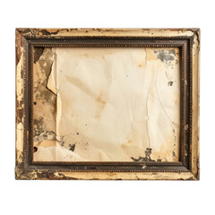 An antique, damaged picture frame surrounding very old, blank, and crumpled paper against a black background.