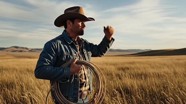 A rugged man, dressed in a classic denim jacket, plaid shirt, and a wide-brimmed hat, stands resolutely in a vast, sun-drenched golden field. He holds a coiled rope, indicative of his outdoor lifestyl