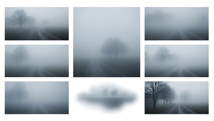 Foggy Landscape Collage with Trees and Clouds.