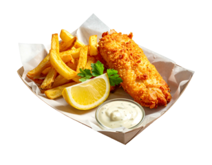 A classic pairing crispy, golden-brown fried fish and fries, served with a lemon wedge, parsley, and tartar sauce
