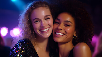 Dancing duo: Two women exude joy and friendship on the dance floor under the mesmerizing lights, embracing the night with a warm, intimate smile.