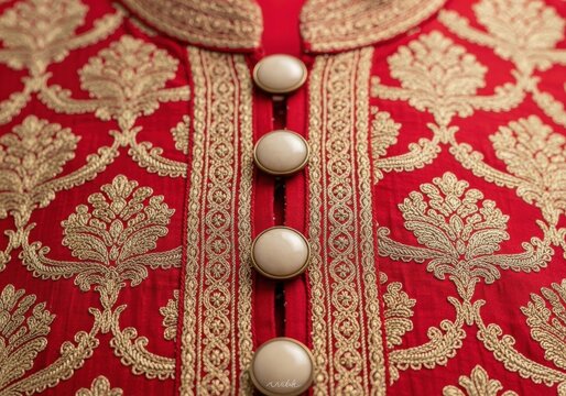 Close-up of Royal Red Indian Wedding Attire featuring Zari Work embroidery and Pearl Buttons. Luxury South Asian Fashion and Textile Detail.