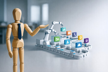 Wooden mannequin with tie presenting robotic arms assembling social media icons on conveyor belt, symbolizing automation and digital marketing innovation