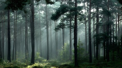 Fototapeta premium Mystical Forest Scene - Tall Trees and Atmospheric Fog Create a Serene Landscape.