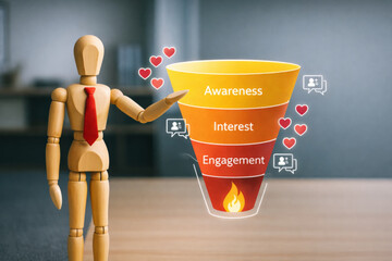 Marketing funnel concept with wooden mannequin wearing red tie showing awareness, interest, and engagement stages with heart icons and social media symbols in office setting
