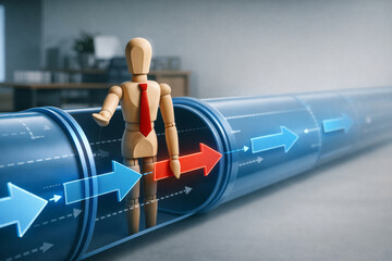 Wooden mannequin with red tie holding red arrow standing inside blue tube with blue arrows, symbolizing leadership and direction in business environment