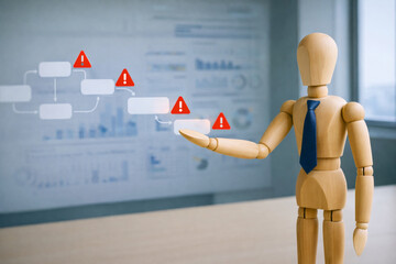Wooden mannequin wearing blue tie presenting flowchart with warning icons, business concept of risk management and problem solving in office environment