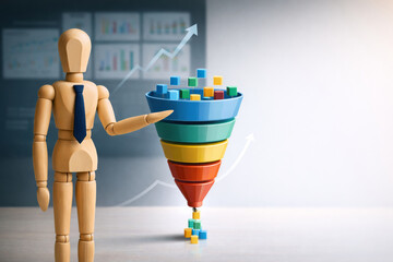 Wooden mannequin with tie presenting colorful sales funnel with blocks and upward arrows symbolizing business growth and marketing strategy in office setting