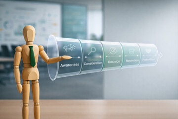 Wooden mannequin with green tie presenting marketing funnel stages including awareness, consideration, decision, and retention modern office setting, symbolizing business strategy and customer