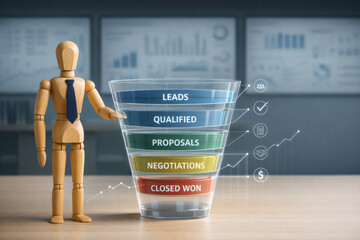 Sales funnel concept with wooden mannequin and business chart, marketing strategy stages from leads to closed won, business growth and success visualization