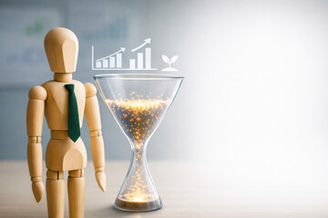 Wooden mannequin with green tie standing next to hourglass with glowing particles inside symbolizing time management, growth, and business success in bright office setting
