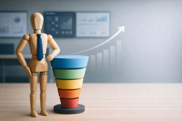 Wooden mannequin with blue tie standing next to colorful funnel chart on wooden table with upward arrow and blurred business charts in background, symbolizing marketing growth and success