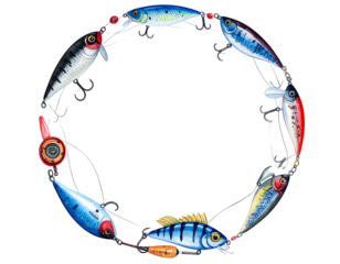 A circular arrangement showcasing various colorful lures and tackle on a black background, simulating an open aperture