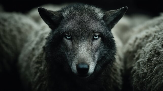 A wolf with a blue eye stares at the camera. The wolf is surrounded by sheep. Scene is dark and mysterious - Powered by Adobe