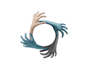 A circular composition featuring hands of various colors overlapping each other, forming a continuous shape against a stark black background