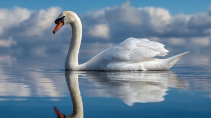 Fototapeta premium A swan swims gently across still water creating ripples and reflecting its image. The scene shows a clear blue sky with fluffy clouds during late afternoon light.