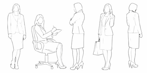 Line art illustration depicting five women in professional business attire