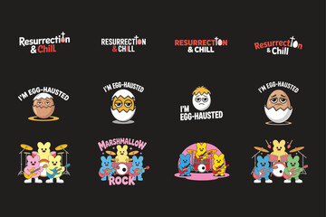 Easter and music themed cartoon illustrations with text resurrection chill
