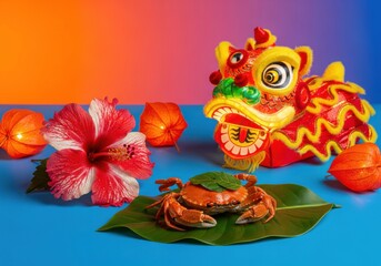 Chinese Lion Dance Head and Tropical Crab Still Life Displayed in a Neon Blue and Orange Studio for Asian Cultural Celebration Marketing.