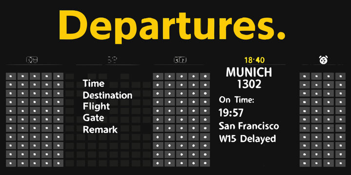 Airport departures board displaying flight information for munich and san francisco