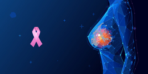 Digital illustration of a woman s torso highlighting breast cancer awareness and technology