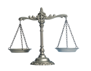 A classical, silver-toned balance scale isolated on a stark black background. It symbolizes justice and fairness. The detailed design is ornate