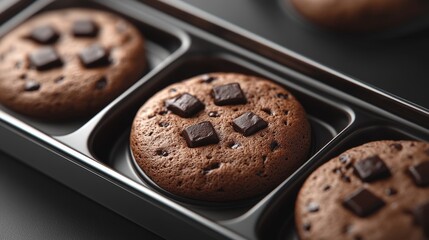 Fototapeta premium Premium chocolate cookies with visible chunks arranged in a luxurious metal box. Soft studio lighting and rich dark brown tones create an elegant, high-end presentation.