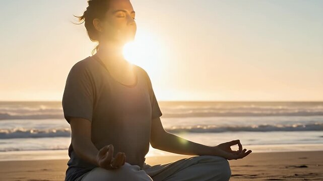A serene individual practices meditation in a peaceful cross-legged position on a sandy beach during the golden hour. Their eyes are gently closed, and hands are in a traditional mudra gesture, embody
