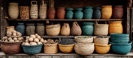 Shelves of handmade vessels and bowls, filled with various goods