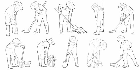 Line art illustration depicting people engaged in various gardening activities