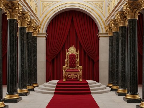 Opulent throne room with red curtains and columns