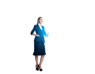 A business professional stands on a black background, with an animated glowing tablet. She wears a navy suit