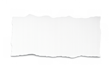 White torn paper piece with soft shadow on transparent background. Blank textured rectangle element for messages and design